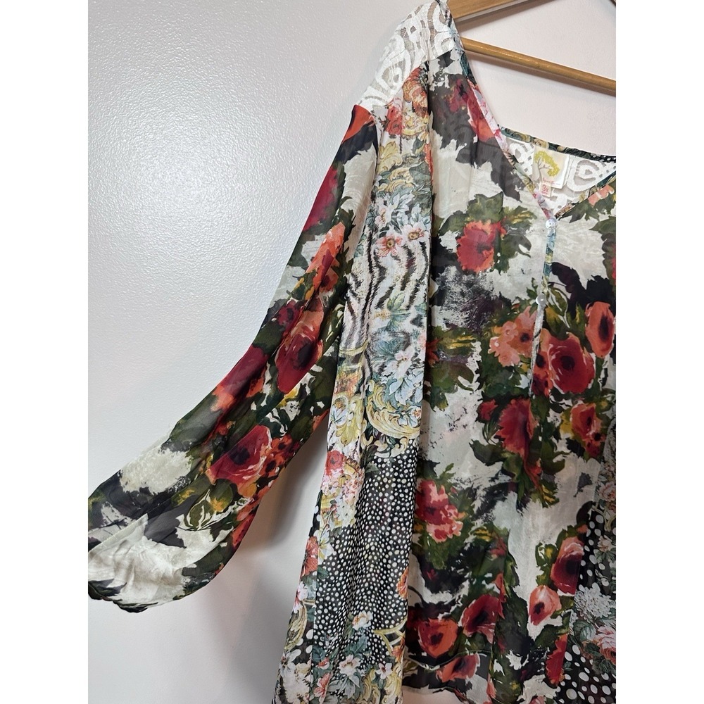 Anthropologie Fig & Flower  Blouse Plus 3X Sheer Floral Patchwork Boho Peasant - Picture 4 of 10